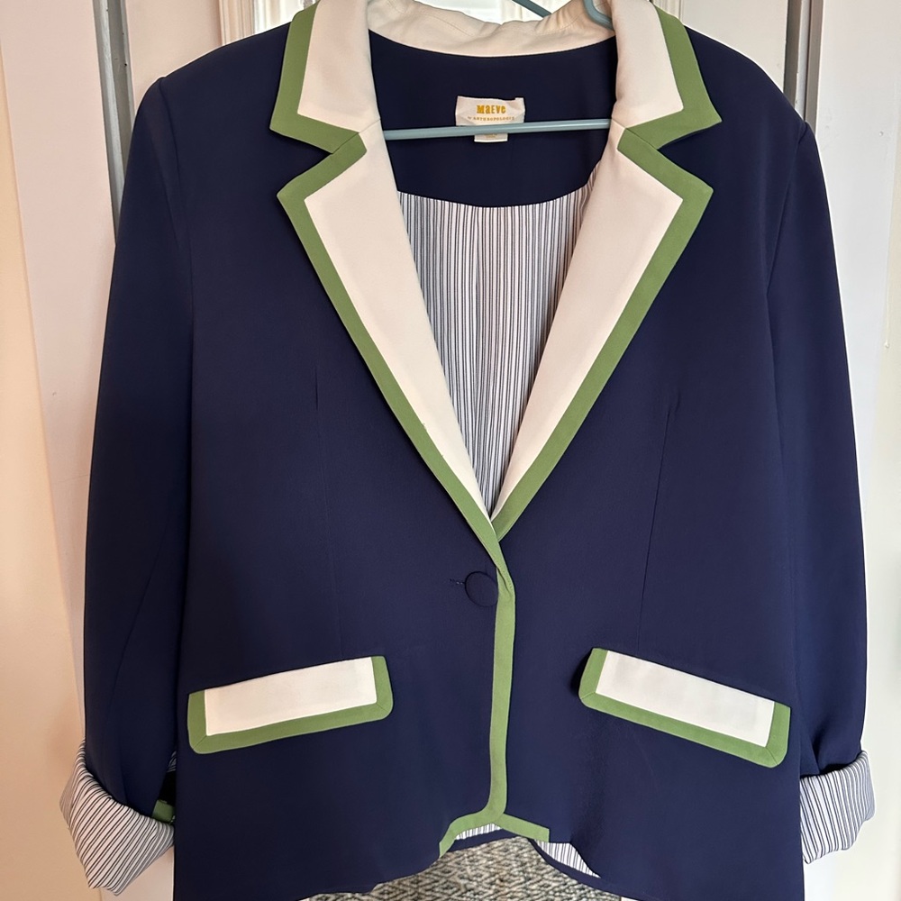 Anthropologie Women's Navy Blazer with Green and White Trim.